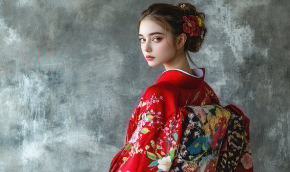 A woman wearing a red kimono with a floral pattern photo