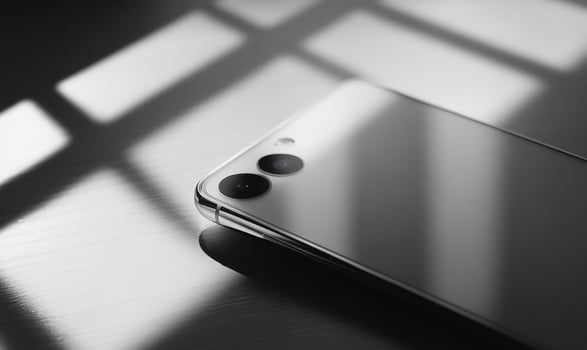 A black cell phone is laying on a table photo