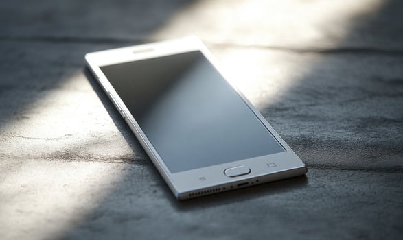 A white cell phone is laying on a concrete surface photo