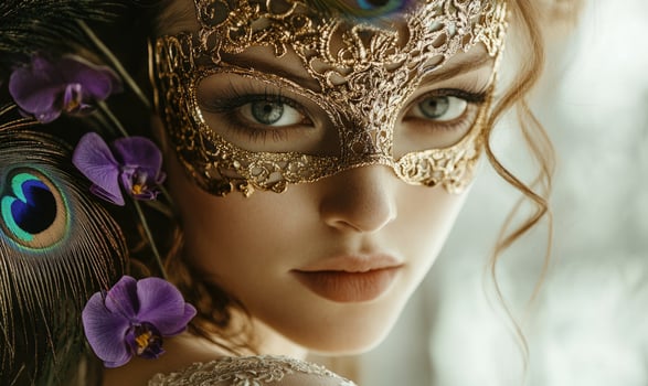 beautiful woman with peacock feathers and gold mask photo