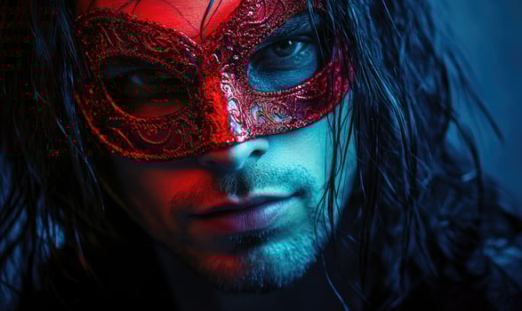 closeup portrait of a man with long hair and a red mask portrait photo