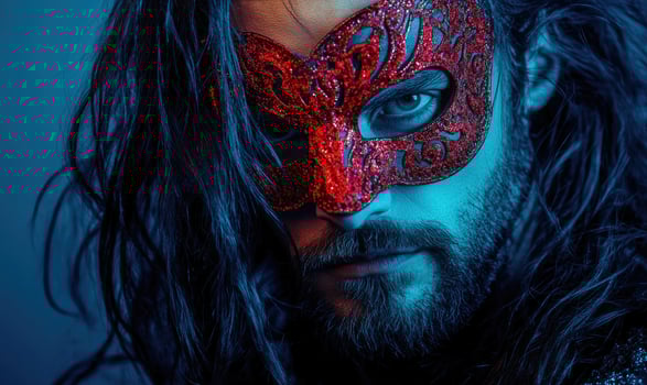 a man with long hair and a red mask, dark background photo