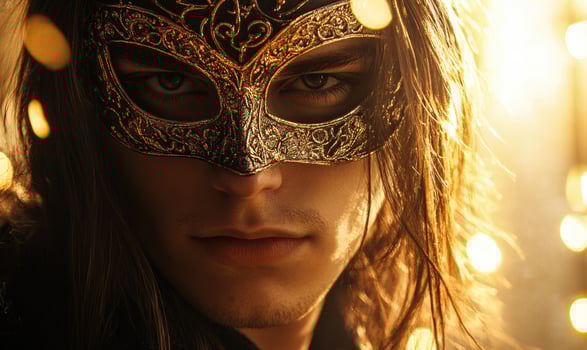 a man with long hair wearing a venetian mask photo