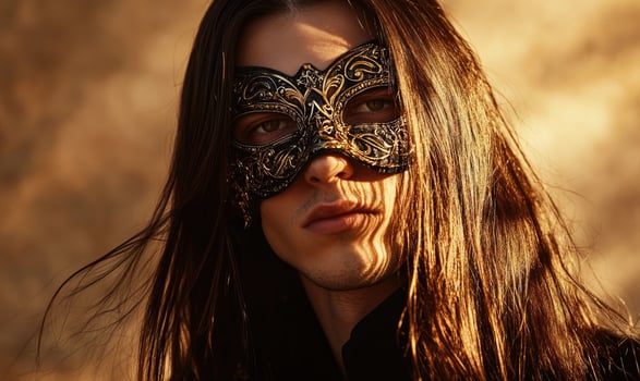 closeup portrait of a man with long hair wearing a mask photo