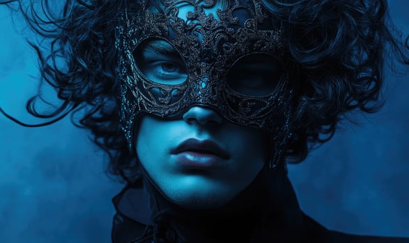 a man with curly hair wearing a mask photo