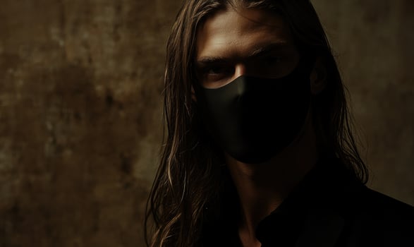 A man with long hair is wearing a black mask photo