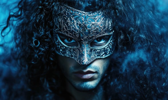 a man with long curly hair wearing a mask photo