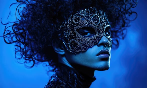 a man with curly hair and a mask photo