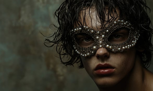 A woman with long hair and a mask on her face photo