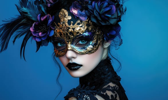 A woman wearing a mask and a blue dress photo