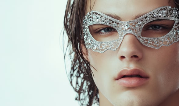 closeup portrait of a man wearing a silver mask photo