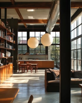 A large open living room with a table and chairs photo