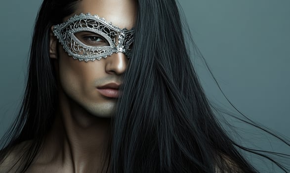 a man with long black hair and a silver mask photo