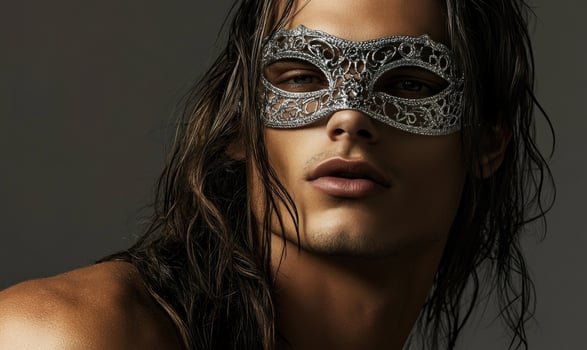 A man with long hair and a mask on his face photo