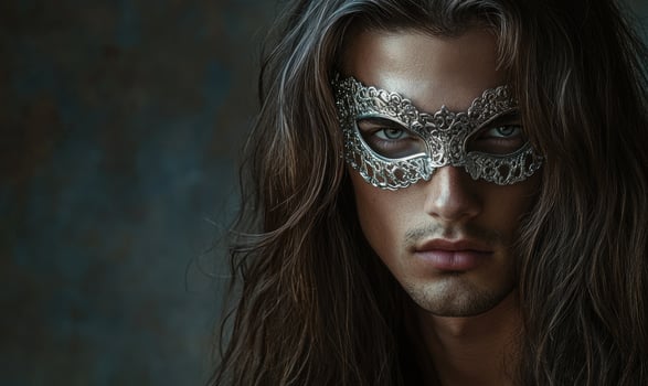 A man with long hair and a silver mask on his face photo