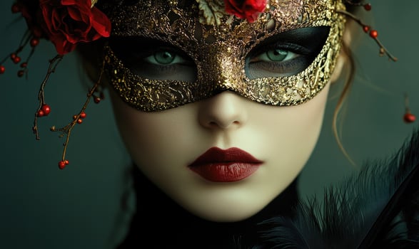 A woman wearing a gold mask with red flowers on it photo