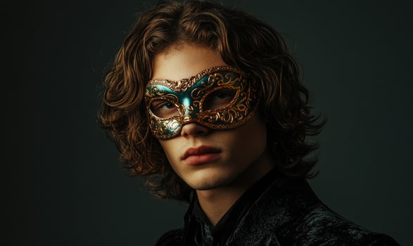 A man wearing a mask with gold and blue decorations photo