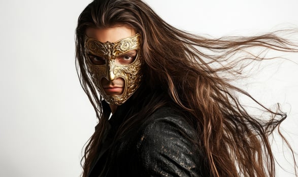 A man with long hair and a gold mask photo