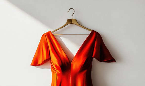 a red dress hangs on a hanger photo