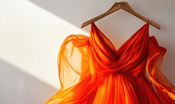 an orange dress hangs on a hanger photo