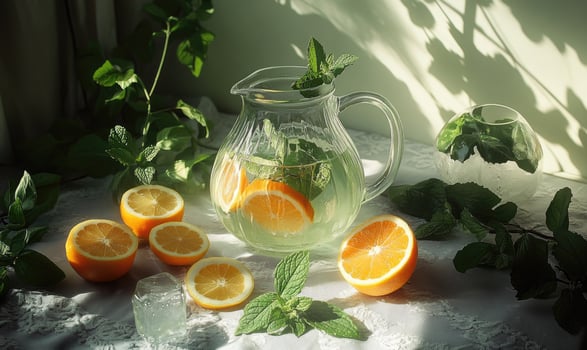 A pitcher of water with sliced oranges and mint leaves photo