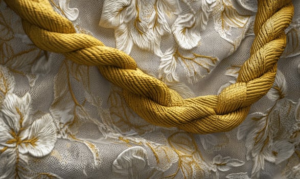 A yellow rope is wrapped around a white fabric photo