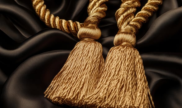 Two golden tassels are on a black cloth photo