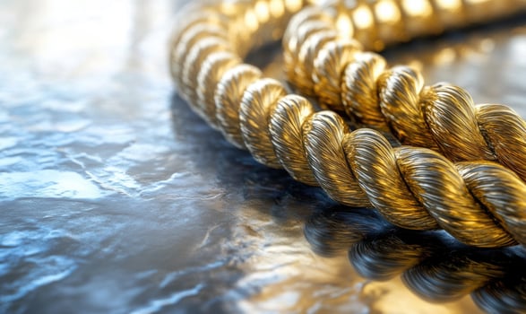 A gold rope is laying on a surface photo