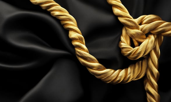 A gold rope is tied to a black cloth photo