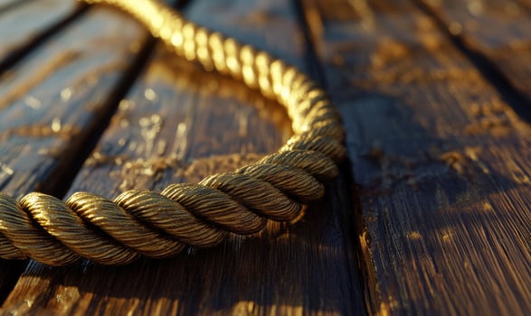 A gold colored rope is laying on a wooden surface photo