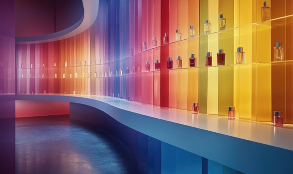 A colorful display of perfume bottles on shelves photo