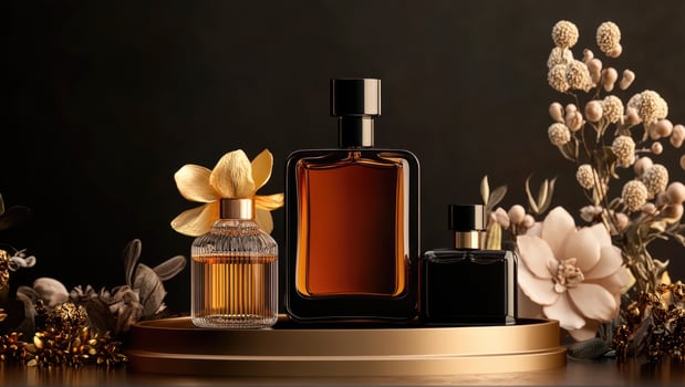 Three bottles of perfume are displayed on a table photo