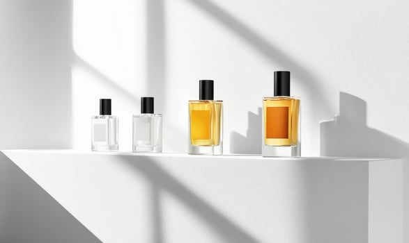 Four bottles of perfume are lined up on a shelf photo