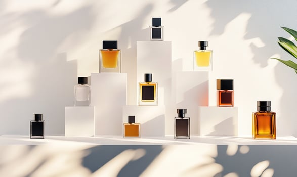 A row of perfume bottles are displayed on a white pedestal photo