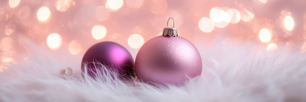Two purple christmas balls on a white fur photo