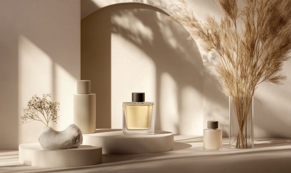 A display of perfume bottles on a pedestal photo