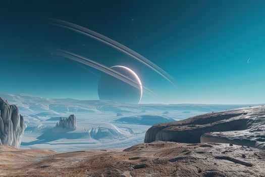 An alien planet with a ring and a mountain in the distance photo