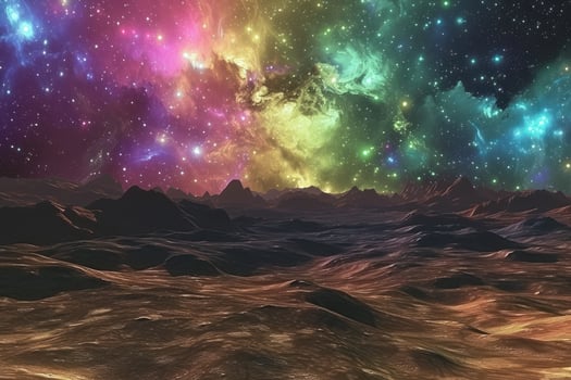 A colorful galaxy over a desert landscape photo