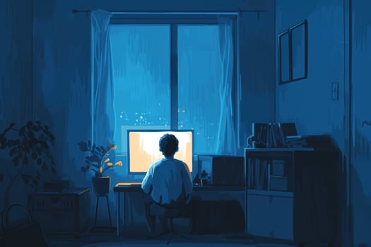 A person sitting in front of a computer screen at night photo