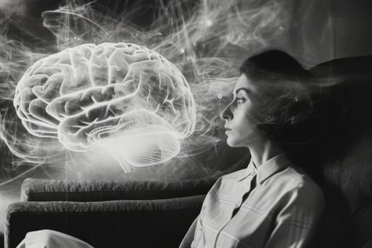 A woman sitting in a chair with smoke coming out of her head photo