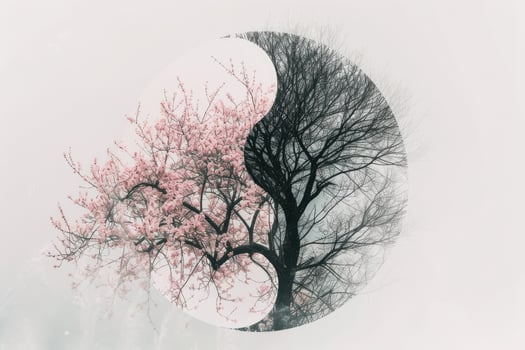 A tree with a pink blossom in the middle of a white background photo