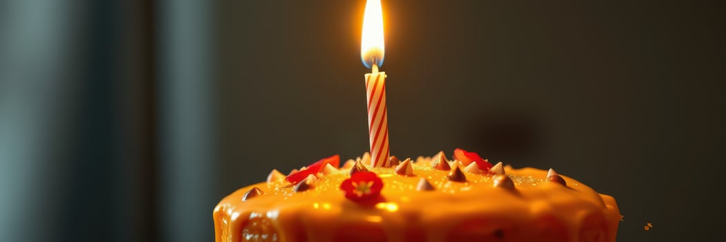 Celebration of a birthday with a vibrant cake and a lit candle surrounded by colorful decorations photo