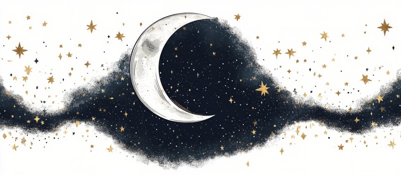 A drawing of a crescent with stars and a moon photo