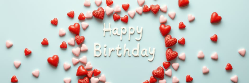 Colorful heart-shaped decorations and festive message create a cheerful birthday celebration atmosphere photo