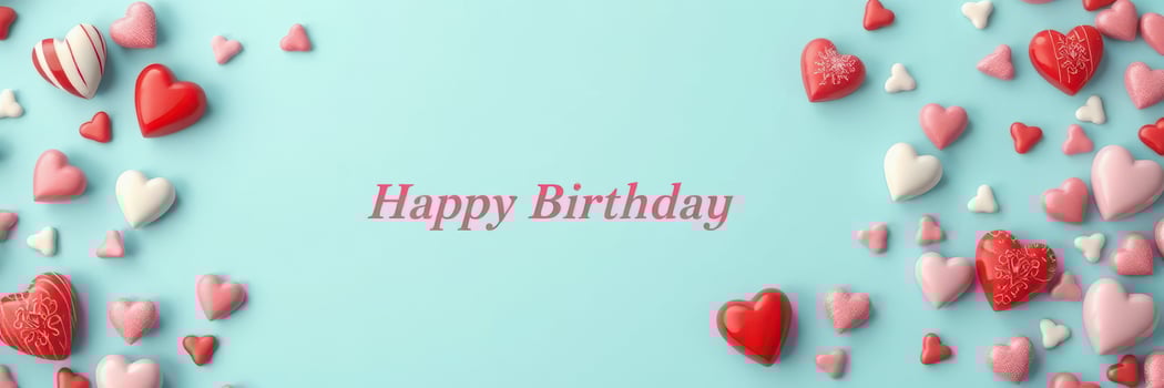 Colorful heart decorations create a festive atmosphere for a birthday celebration with a light blue background photo