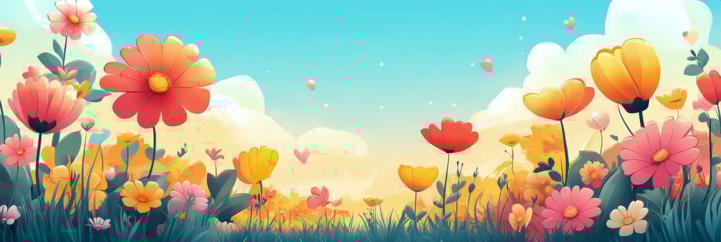 A colorful field of flowers with butterflies flying in the sky photo