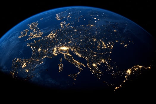 Europe at night from space, with lights of europe and european cities visible photo
