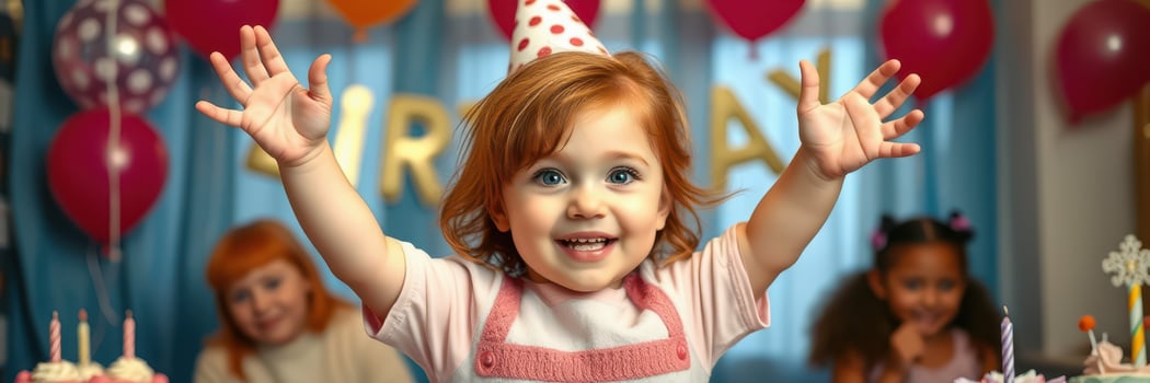 Celebrating a joyful birthday party with a smiling child and friends in a festive setting filled with balloons photo