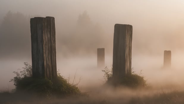 Two wooden posts stand in a foggy landscape during a golden hour photo