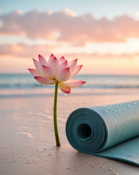 Yoga mat and lotus flower on the beach at sunset photo